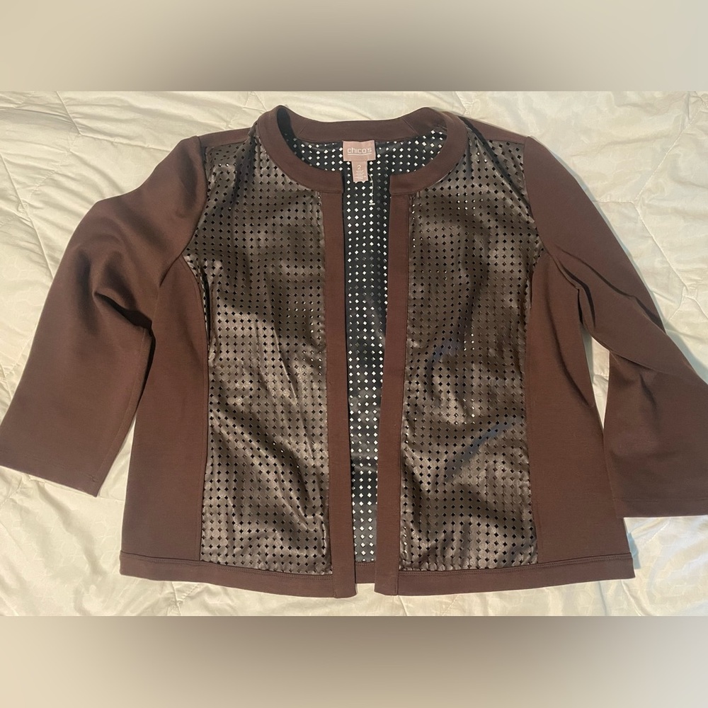 Chico’s vegan laser cut leather mixed materials open front jacket size 2 NWOT